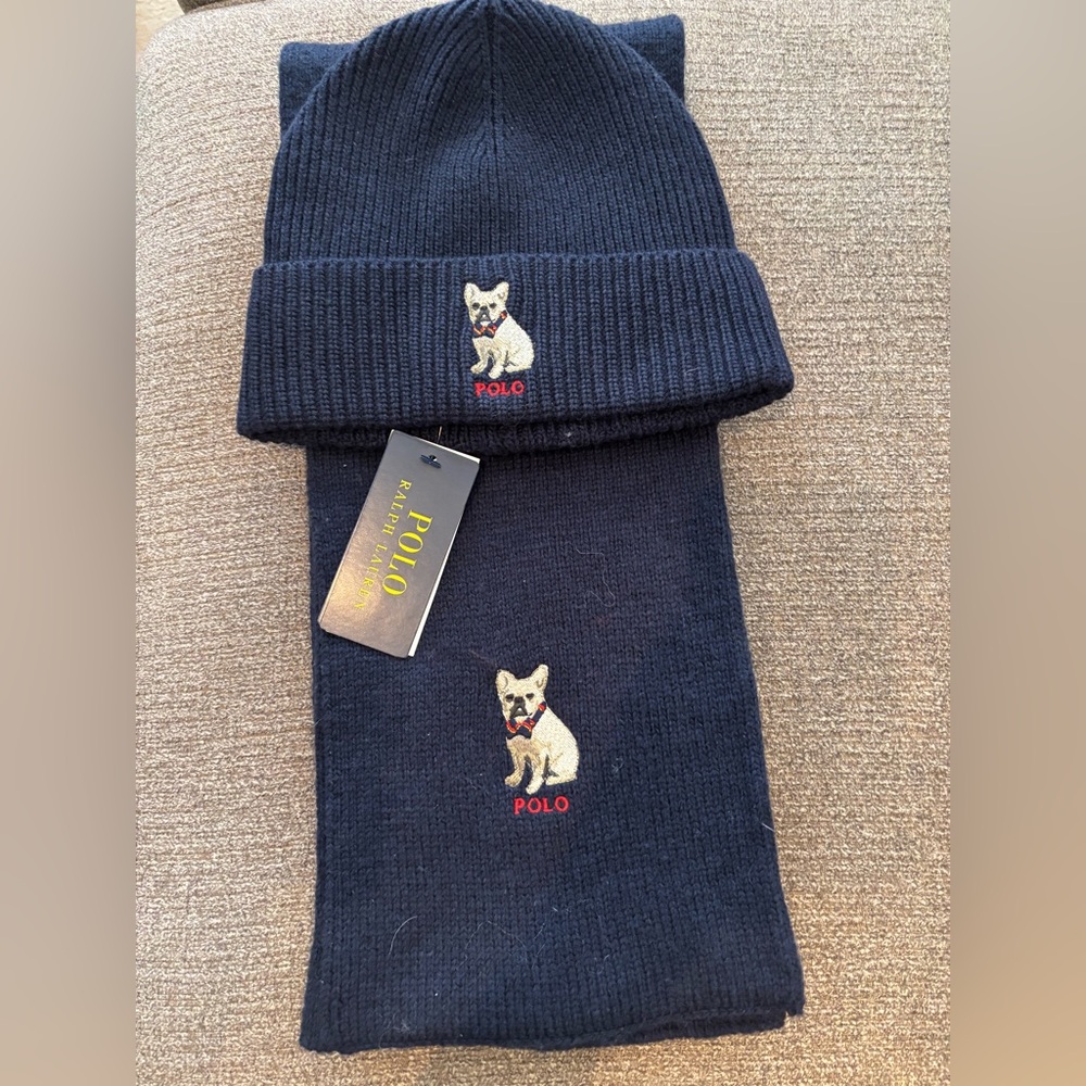 Ralph Lauren Men’s Embroidered Frenchie Beanie and Scarf